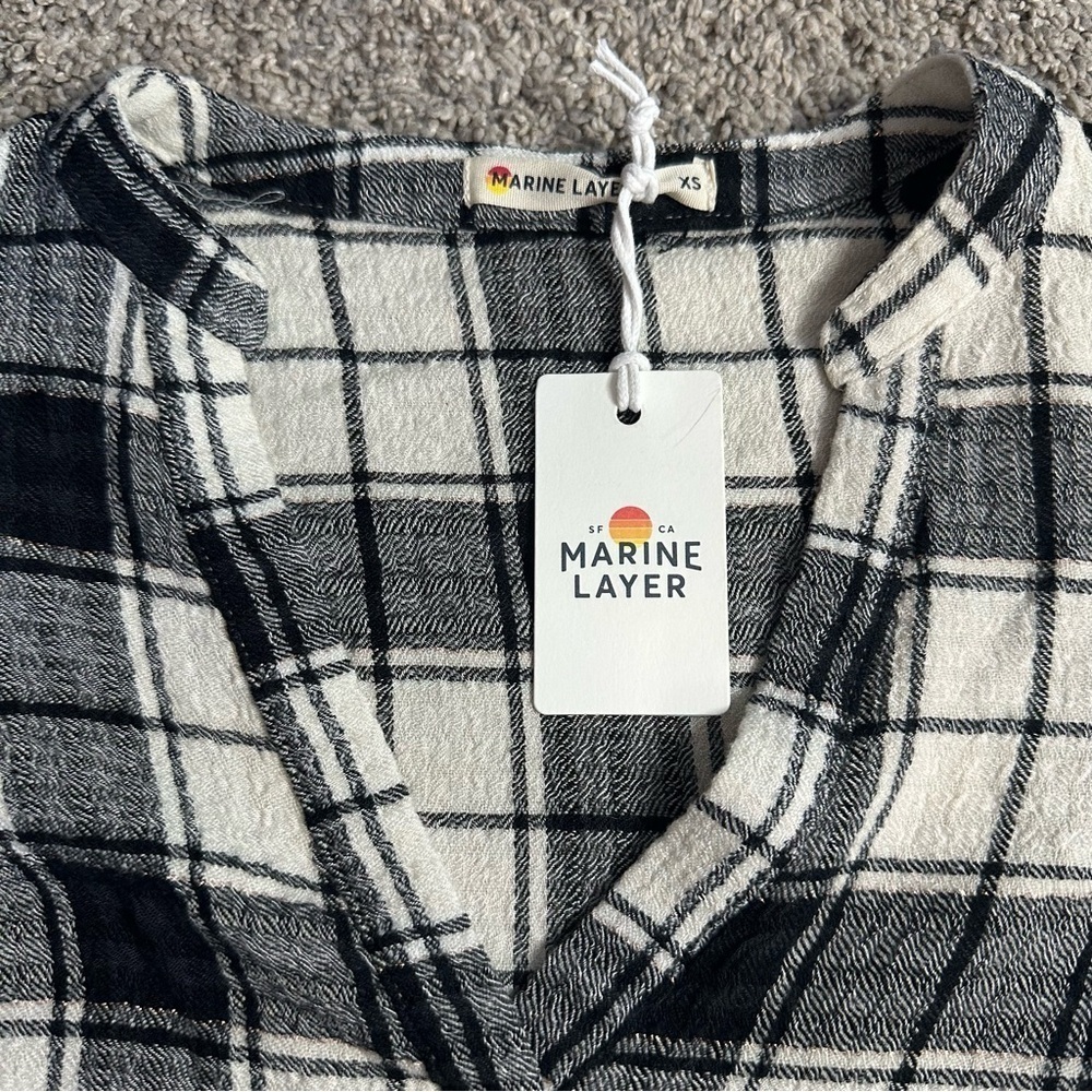 Marine Layer Jamie Gingham Ruffle Top XS black & white plaid gingham long sleeve - Picture 9 of 15